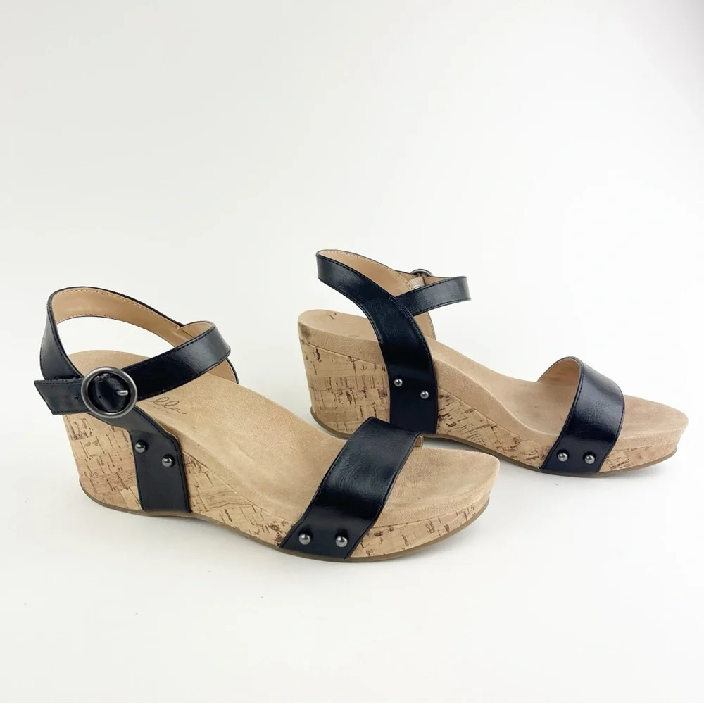 Abella True Comfort Daisy Black Cork Wedge Size 10